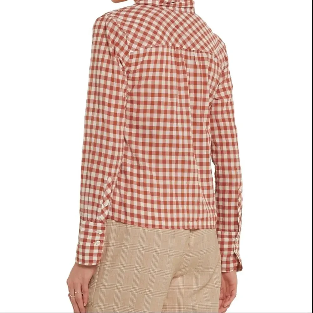 J.Crew Tie-Front Gingham Stretch Cotton Shirt Brick Rust Red Long Sleeve Size 10